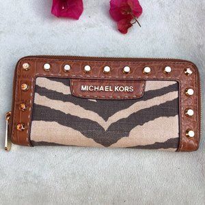 Michael Kors Wallet Brown Tab Leather Canvas Animal Print Zip around wallet